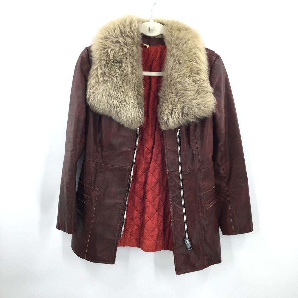 Vintage 70s leather Penny lane fur jacket full zip coat it girl disco mod 9 10